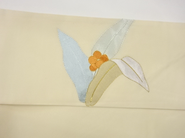  塩瀬金銀駒刺繍万年青模様名古屋帯